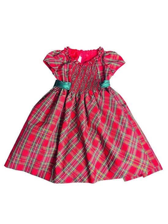 Bonnie Jean Other - Girls Red Plaid Smocked Holiday Dress Short Puff Sleeve Tulle Size 5